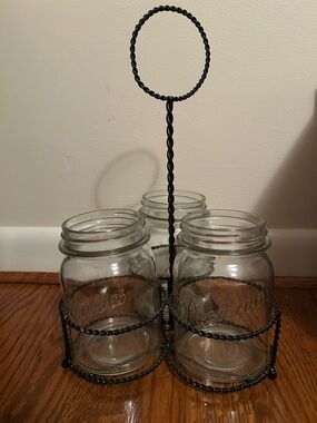 Mason Clear Glass Jar Set with Black Twisted Metal Caddy